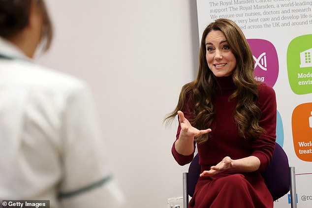 The Princess of Wales talks with members of staff during a visit to the Royal Marsden Hospital