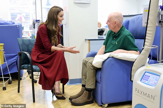 The Princess of Wales talks with patient Kerr Melia at the Royal Marsden Hospital today