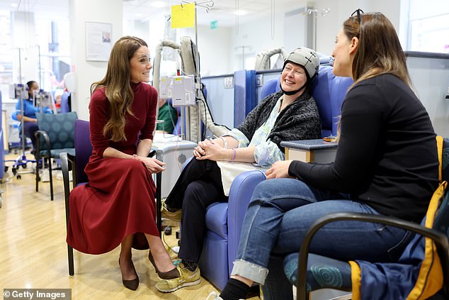 The Princess of Wales talks with patient Katherine Field at the Royal Marsden Hospital today