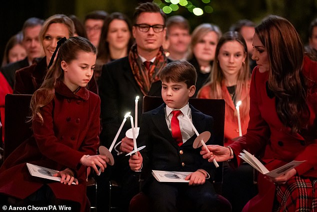 December 6, 2024 -- Charlotte, Louis and Kate during the Westminster Abbey carol service