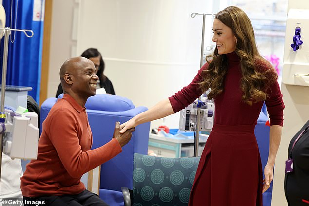 The Princess of Wales talks with patient Peter Burton at the Royal Marsden Hospital today