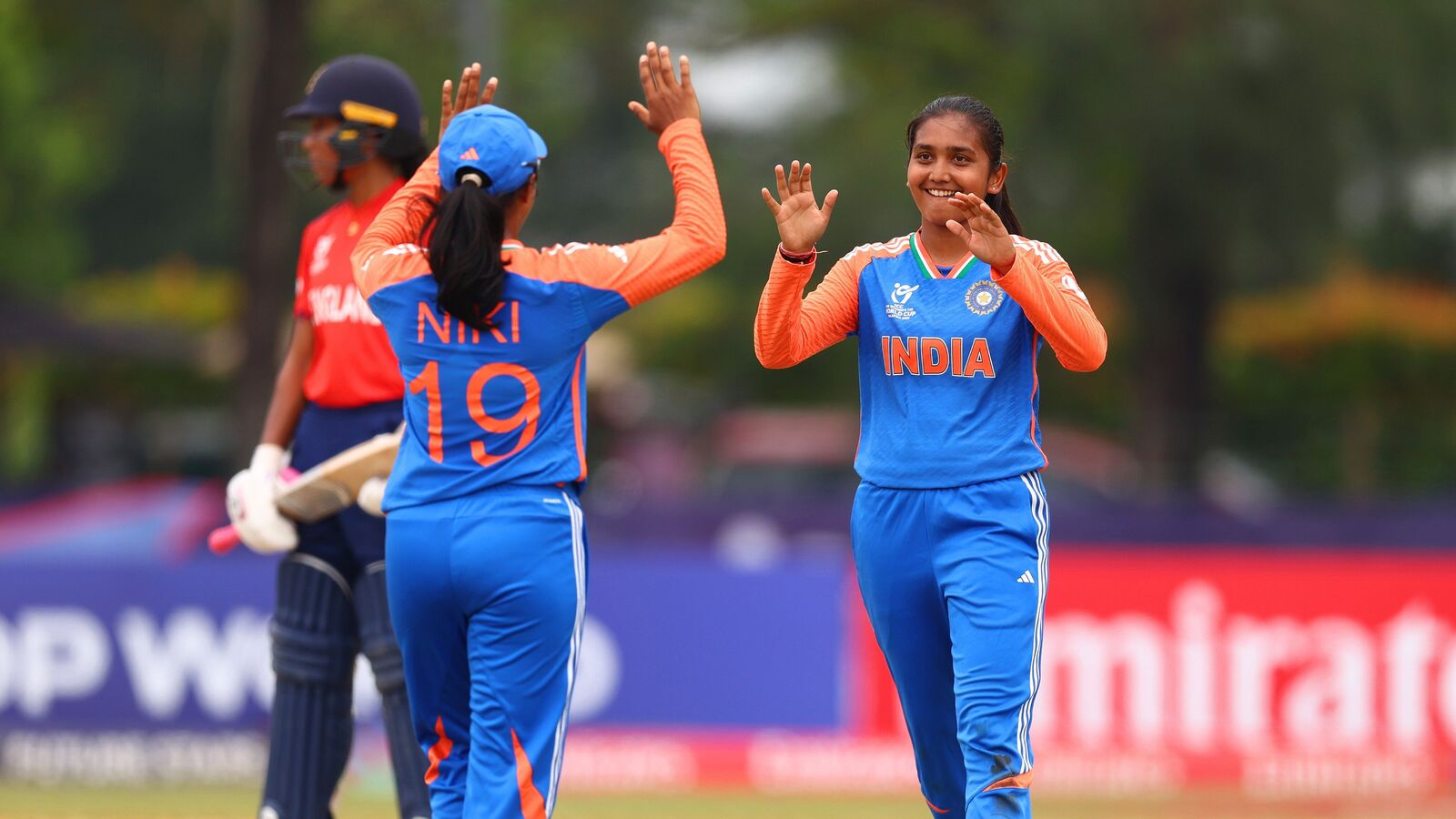 Indian players celebrate after taking one of the England wickets during their women's U-19 T20 World Cup semifinal.  