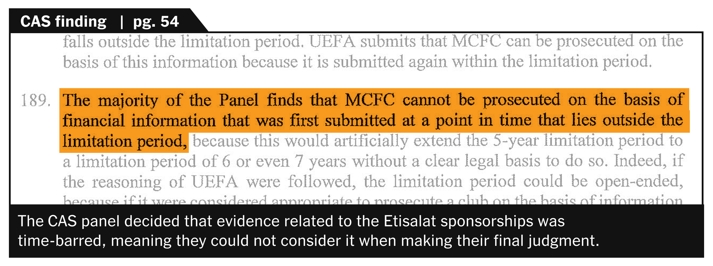 The CAS panel decided that evidence related to the Etisalat sponsorships was time-barred, meaning they could not consider it when making their final judgment.