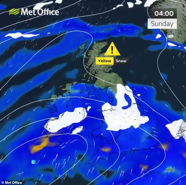 The arctic conditions will then sweep into northern England and Scotland from around 6am on Sunday