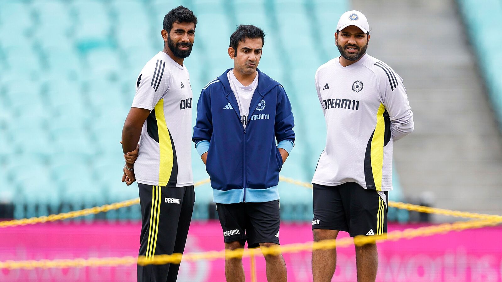 India head coach Gautam Gambhir (C) along with captain Rohit Sharma and vice-captain Jasprit Bumrah during one of the training sessions in Australia. 