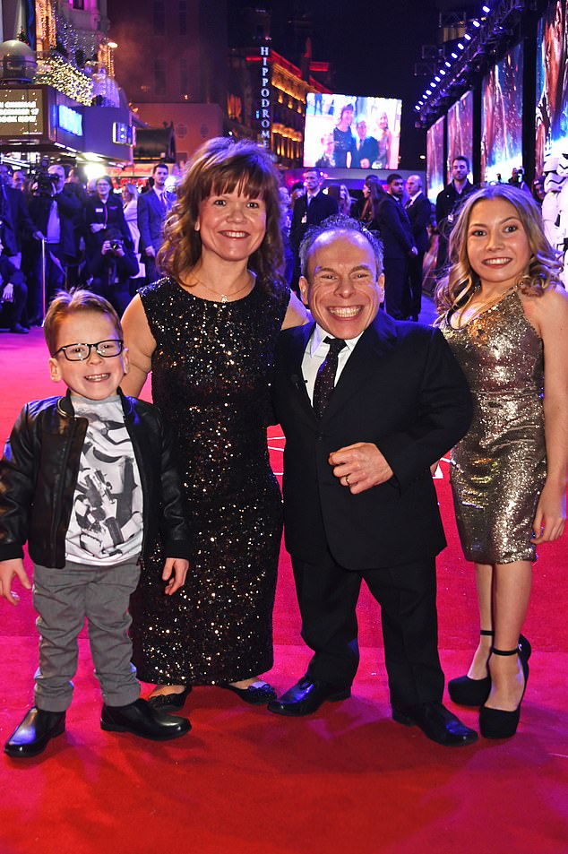 Warwick Davis and his wife Samantha are pictured with their children at the European premiere of Star Wars: The Force Awakens in London in December 2015