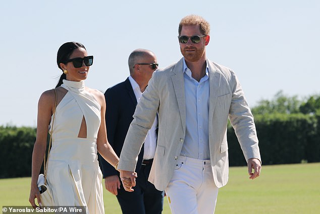 The Duke and Duchess of Sussex are pictured at the Royal Salute Polo Challenge in Wellington, Florida. Clips of them at the charity tournament were featured in the couple's latest flop documentary 'Polo'