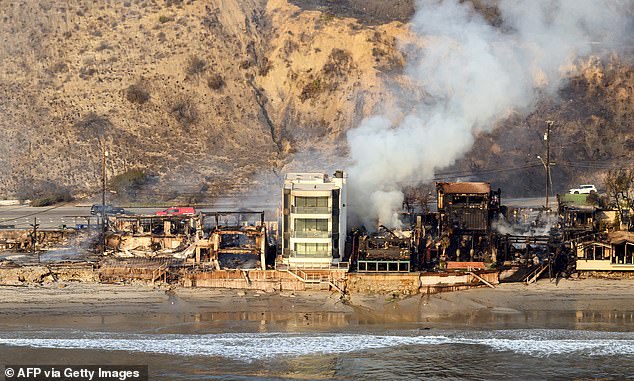 In this aerial view taken from a helicopter, burned homes are seen from above during the Palisades fire in Malibu, Los Angeles county, California on January 9