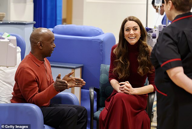 The Princess of Wales shares a laugh with patient Peter Burton