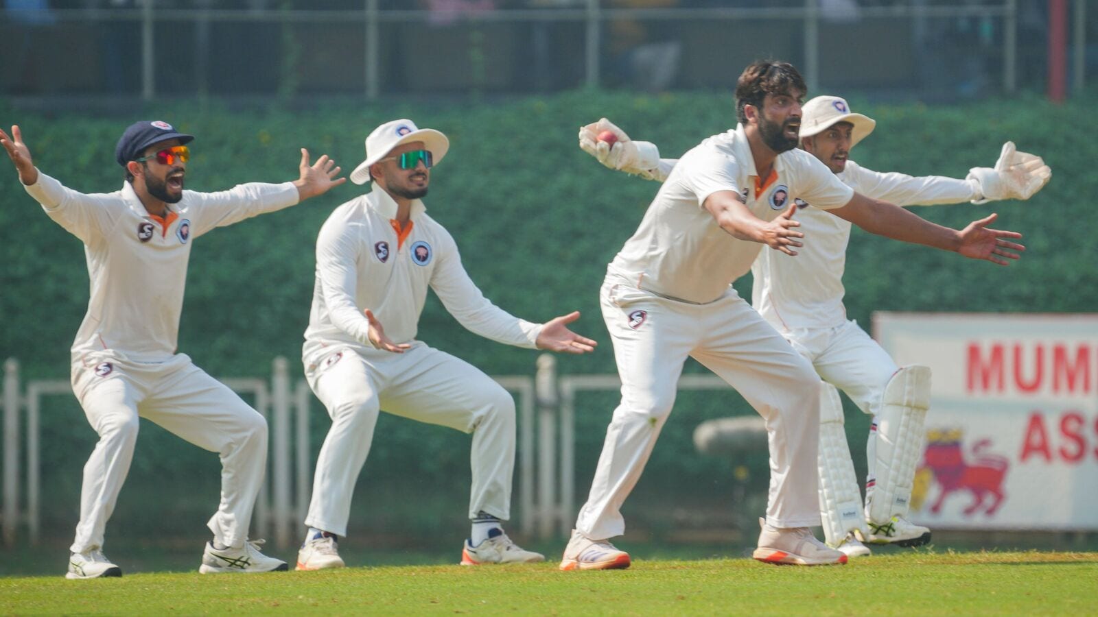 Jammu and Kashmir players appeal for a wicket against Mumbai during their Ranji Trophy 2024-25 match. 