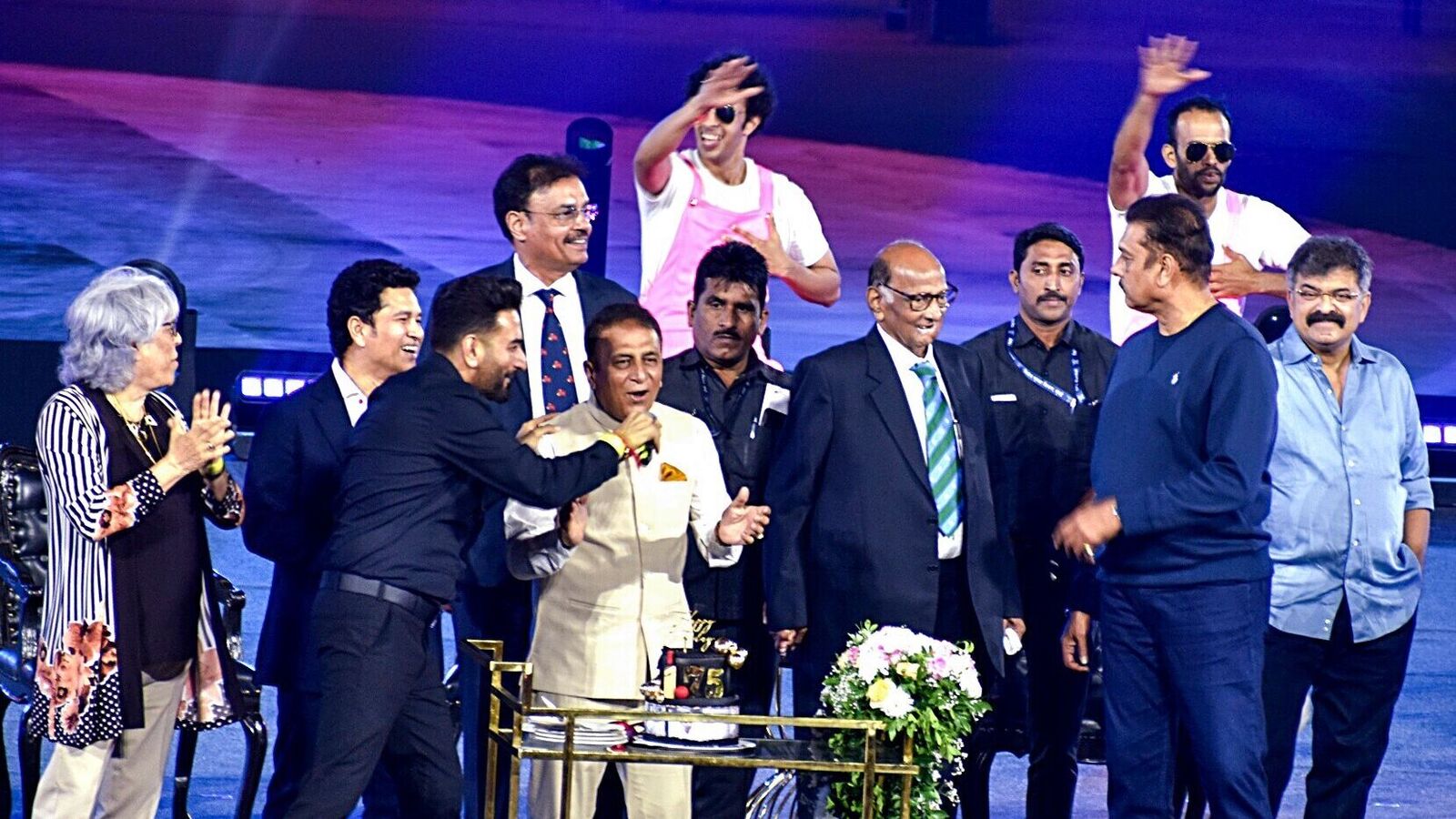 Rohit Sharma, Ajinkya Rahane, Sunil Gavaskar, Sachin Tendulkar, Ravi Shastri, Diana Edulji, Dilip Vengsarkar and ex-BCCI president Sharad Pawar during the 50th-anniversary celebration of the Wankhede Stadium in Mumbai. 