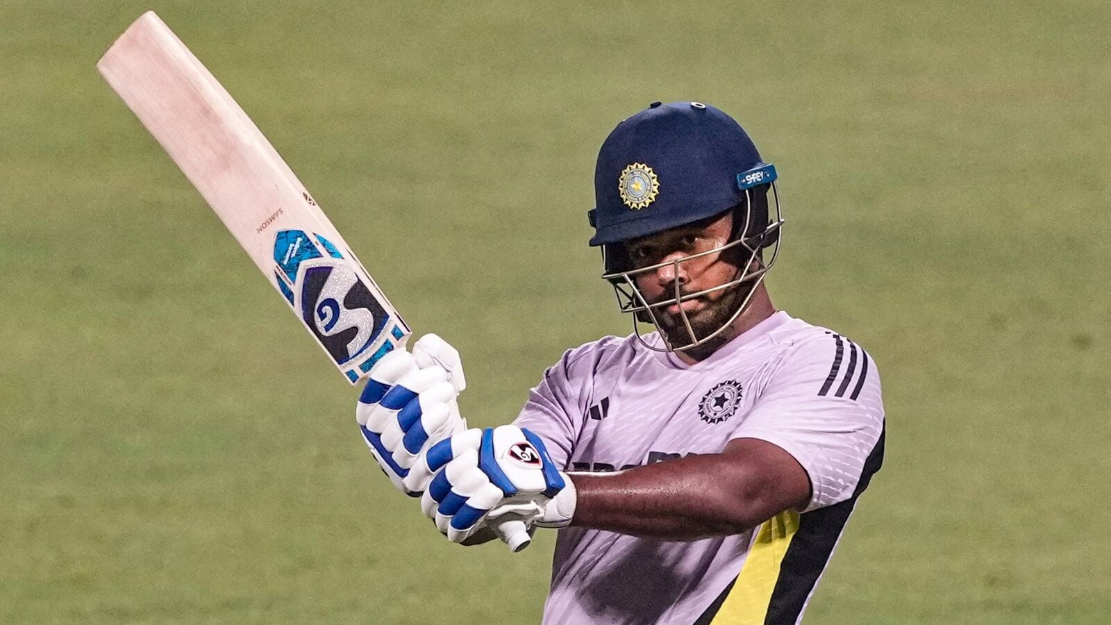 India's Sanju Samson during a training session on the eve of the first T20 cricket match of the series against England, at Eden Gardens in Kolkata, Tuesday, Jan. 21, 2025. (PTI Photo/Swapan Mahapatra)