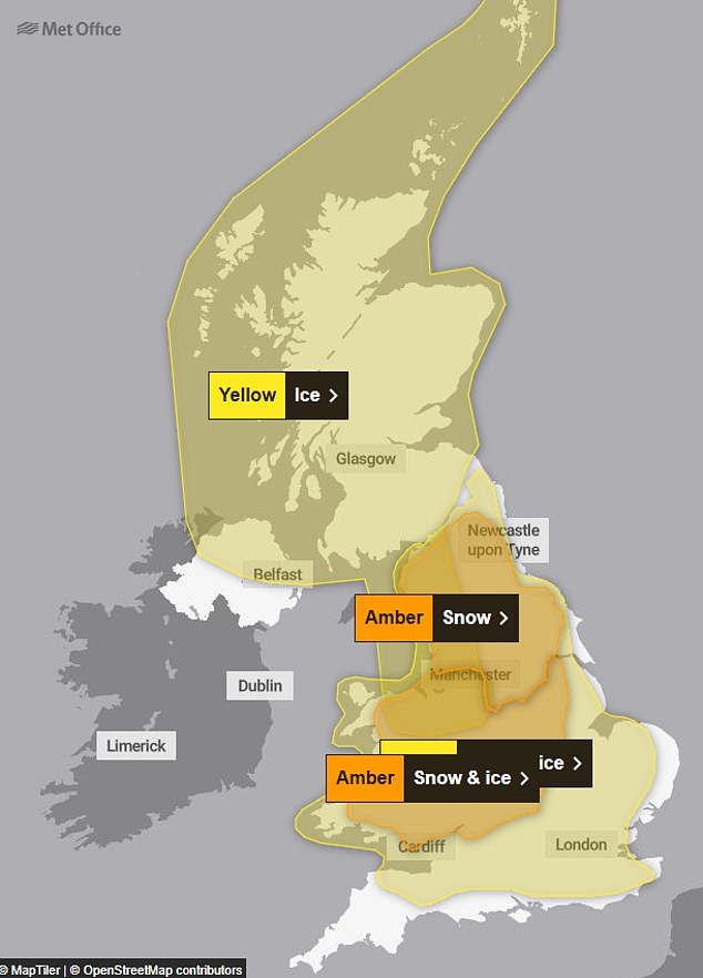 TODAY: The first amber warning for snow and ice covering Wales and the Midlands is in place from 6pm tonight  until midday on Sunday. The second, an amber snow warning for the North of England, was issued from 9pm tonight until 11.59pm on Sunday. The amber alerts come on top of the existing yellow snow warning from 12pm today until 11.59pm on Sunday