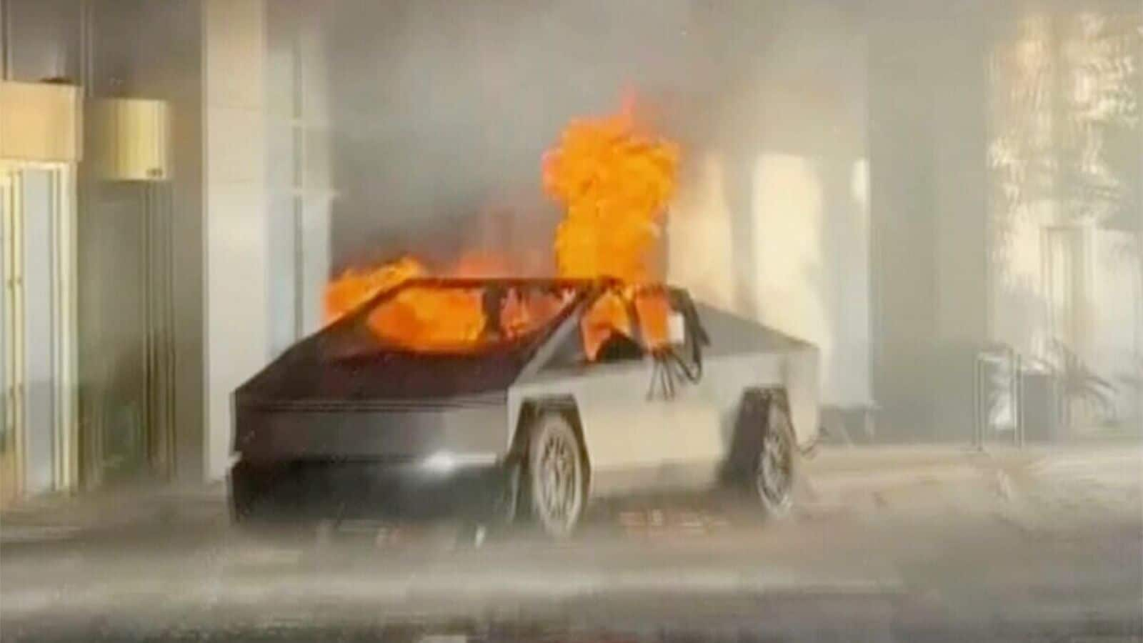 Tesla Cybertruck explosion row: This image provided by Alcides Antunes shows a Tesla Cybertruck that exploded outside President-elect Donald Trump's Las Vegas hotel early Wednesday, Jan. 1, 2025.  (Alcides Antunes via AP)