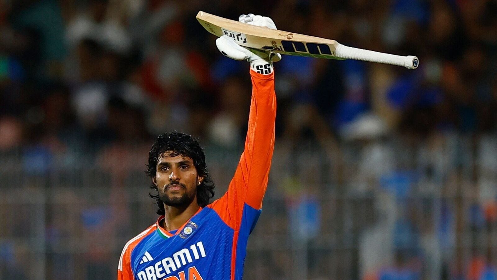 India's Tilak Varma celebrates after hitting the winning runs against England in the second T20I in Chennai. 