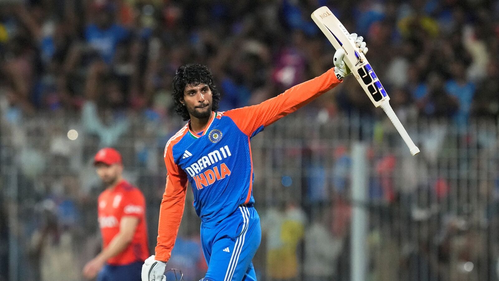 Tilak Varma celebrates after India won the second T20I against England, at M.A. Chidambaram Stadium, in Chennai.