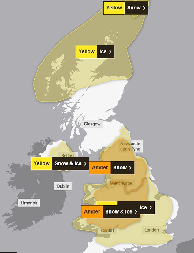 The Met Office has issued four yellow snow warnings and two amber warnings for today