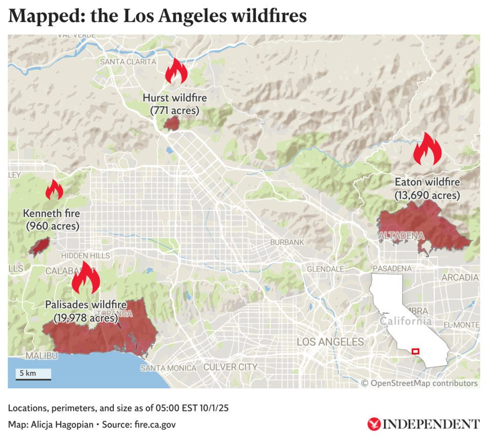 Mapped: Los Angeles wildfires (Datawrapper/ The Independent)