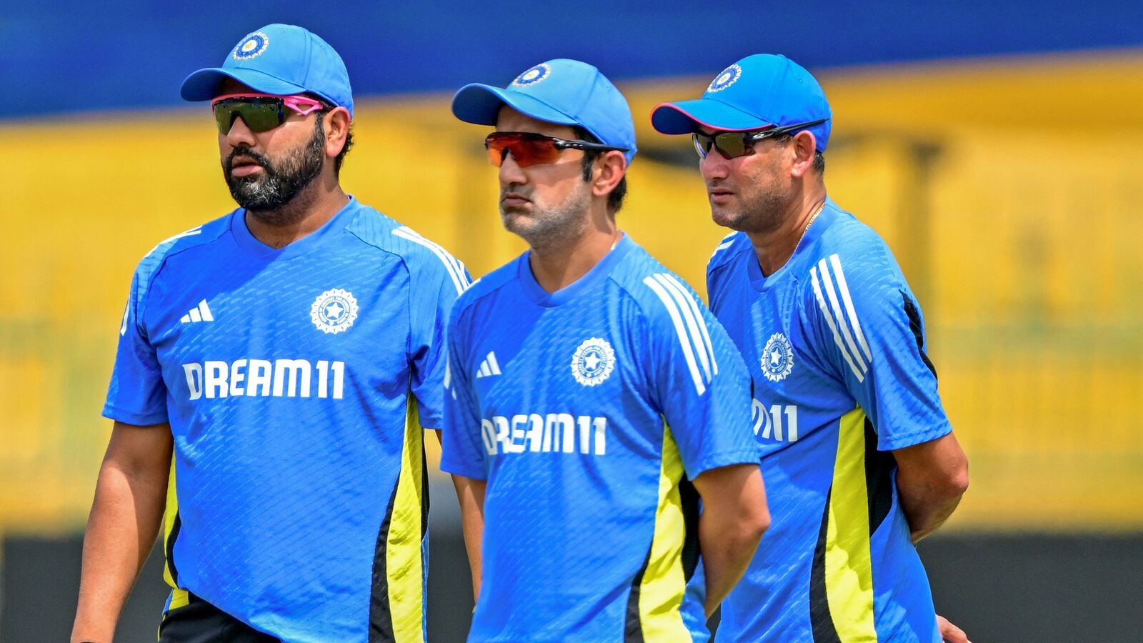 India vs Sri Lanka Live Score, 3rd ODI:  India's captain Rohit Sharma, head coach Gautam Gambhir (C) and chief selector Ajit Agarkar (R) look on during a practice session at the R. Premadasa International Cricket Stadium in Colombo on August 6, 2024, on the eve of third and final one-day international (ODI) cricket match between Sri Lanka and India. 