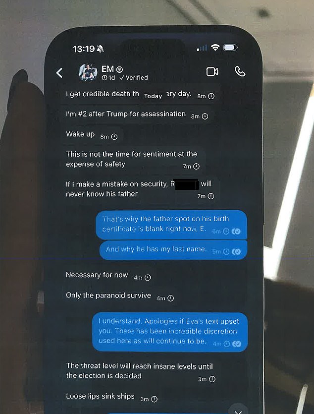 Other messages show Musk talking about a credible death threat on his life, saying he was '#2 after Trump for assassination'