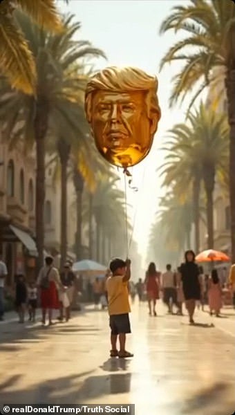 Elsewhere, a child is seen holding up a large, golden balloon with Trump's head recreated