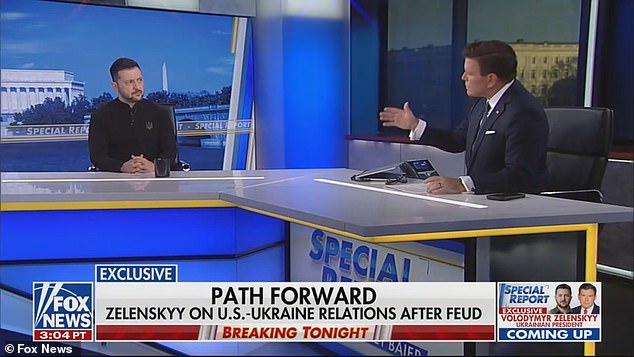 Zelensky, speaking to Fox News, was asked point blank by Bret Baier if he owed Trump an apology and twice filibustered before refusing and instead attempting to be gracious and added 'I'm not sure we did something bad'