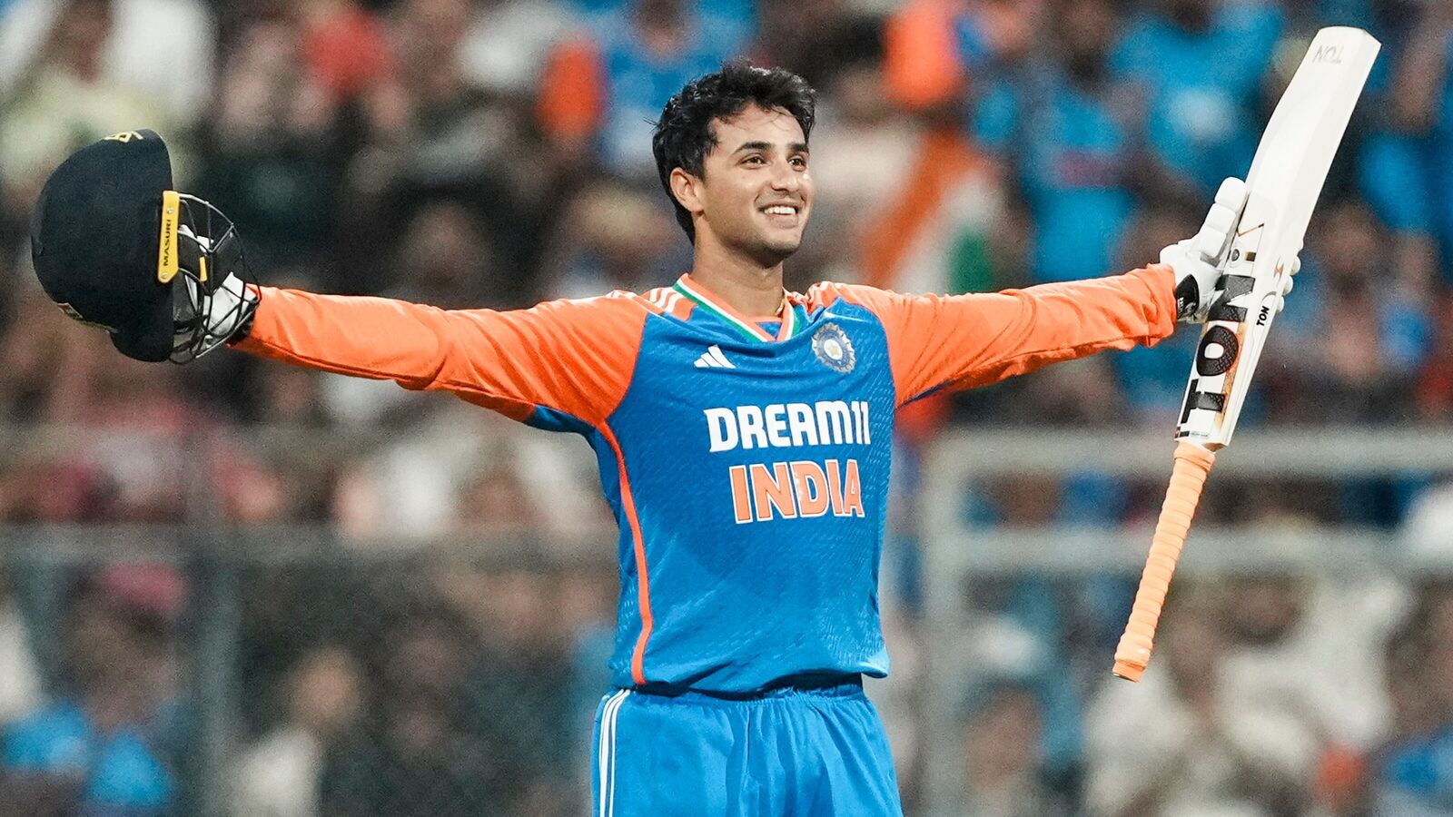 Abhishek Sharma celebrates his century during the fifth T20I against England at the Wankhede Stadium.