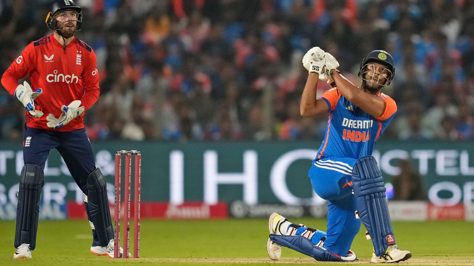 Shivam Dube hits a six against England in the fourth T20I in Pune.