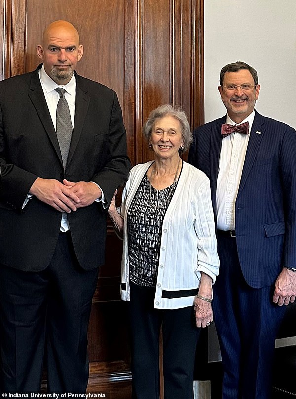 Marc Fogel's mother Malphine Fogel, 96, meeting with Sen. John Fetterman, D-Pa., and Indiana University of Pennsylvania President Michael Driscoll in 2023