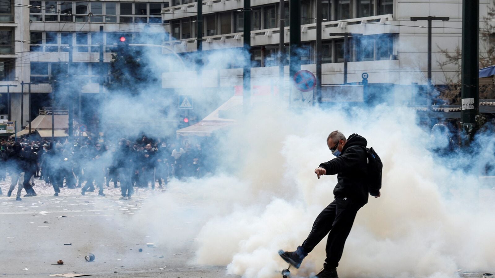 Protesters clash with police in front of the Greek Parliament, at a protest marking the second anniversary of the country's worst railway disaster, while an investigation continues, in Athens, Greece, February 28.