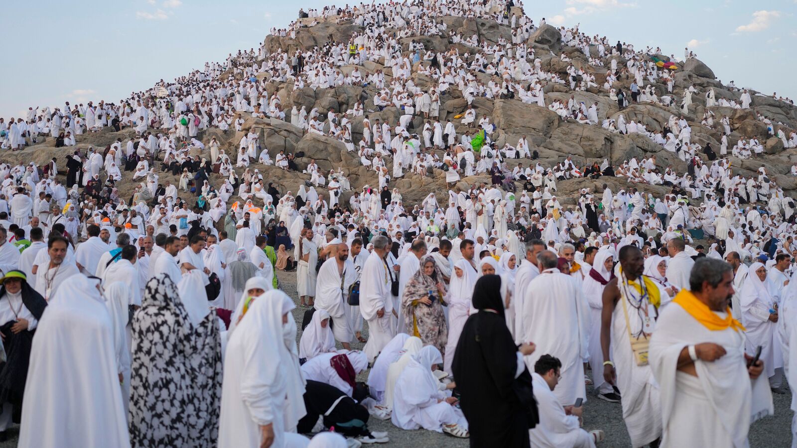 A file photo of Muslim pilgrims at the top of the rocky hill known as the Mountain of Mercy, on the Plain of Arafat, during the annual Hajj pilgrimage, near the holy city of Mecca, Saudi Arabia, in June 2024.