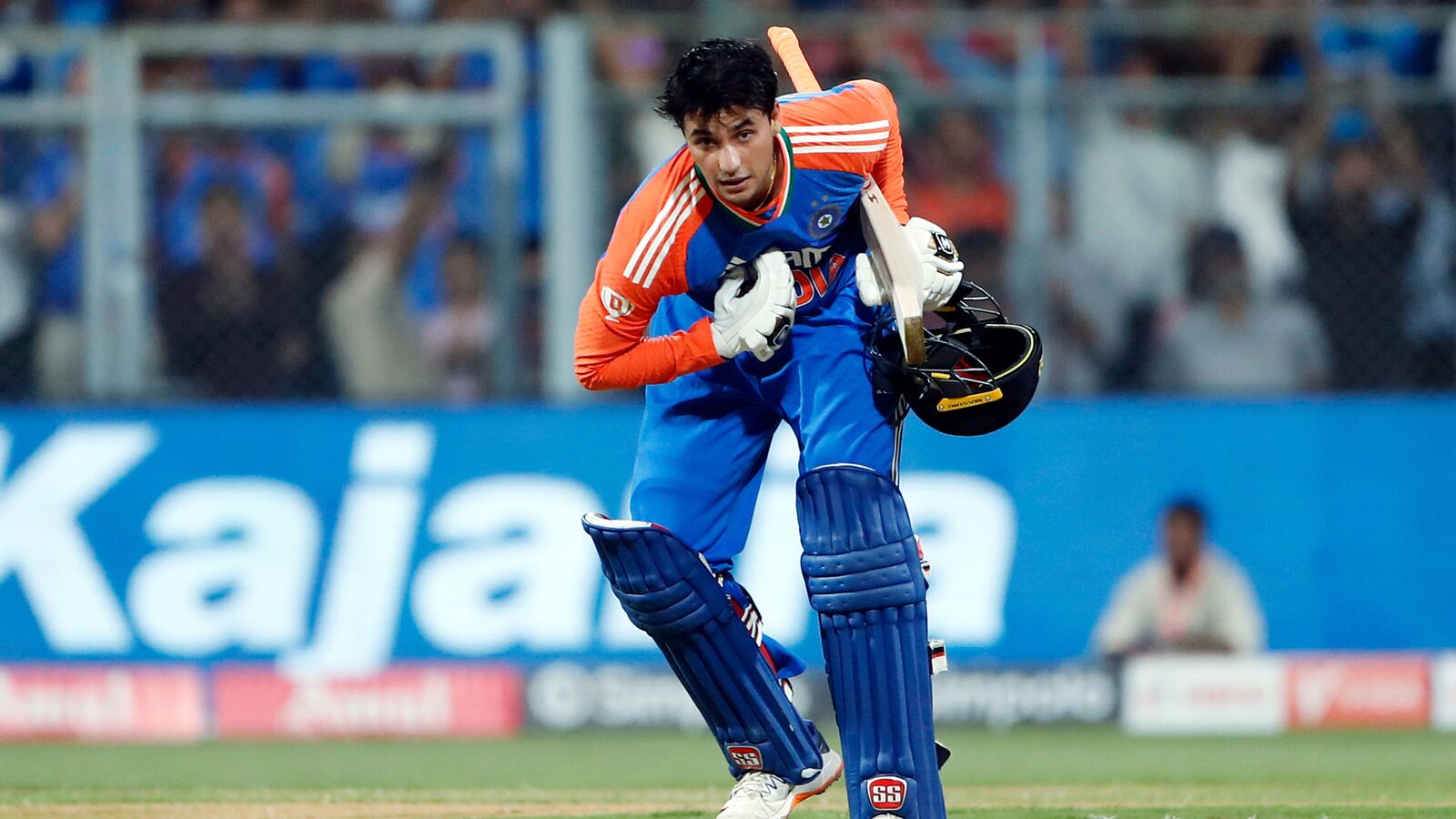 Abhishek Sharma celebrates his century during the 5th T20I against England, at Wankhede Stadium, in Mumbai on Sunday.