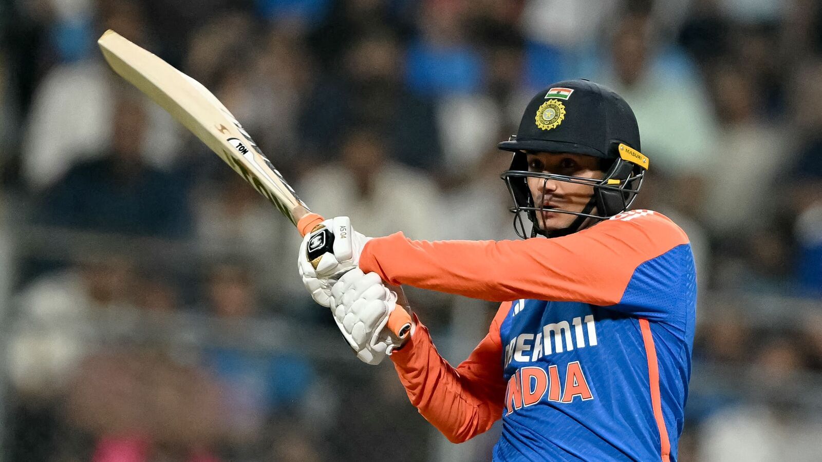 India's Abhishek Sharma plays a shot during the fifth and final Twenty20 international cricket match between India and England at the Wankhede Stadium in Mumbai on February 2, 2025. (Photo by Punit PARANJPE / AFP) / -- IMAGE RESTRICTED TO EDITORIAL USE - STRICTLY NO COMMERCIAL USE --