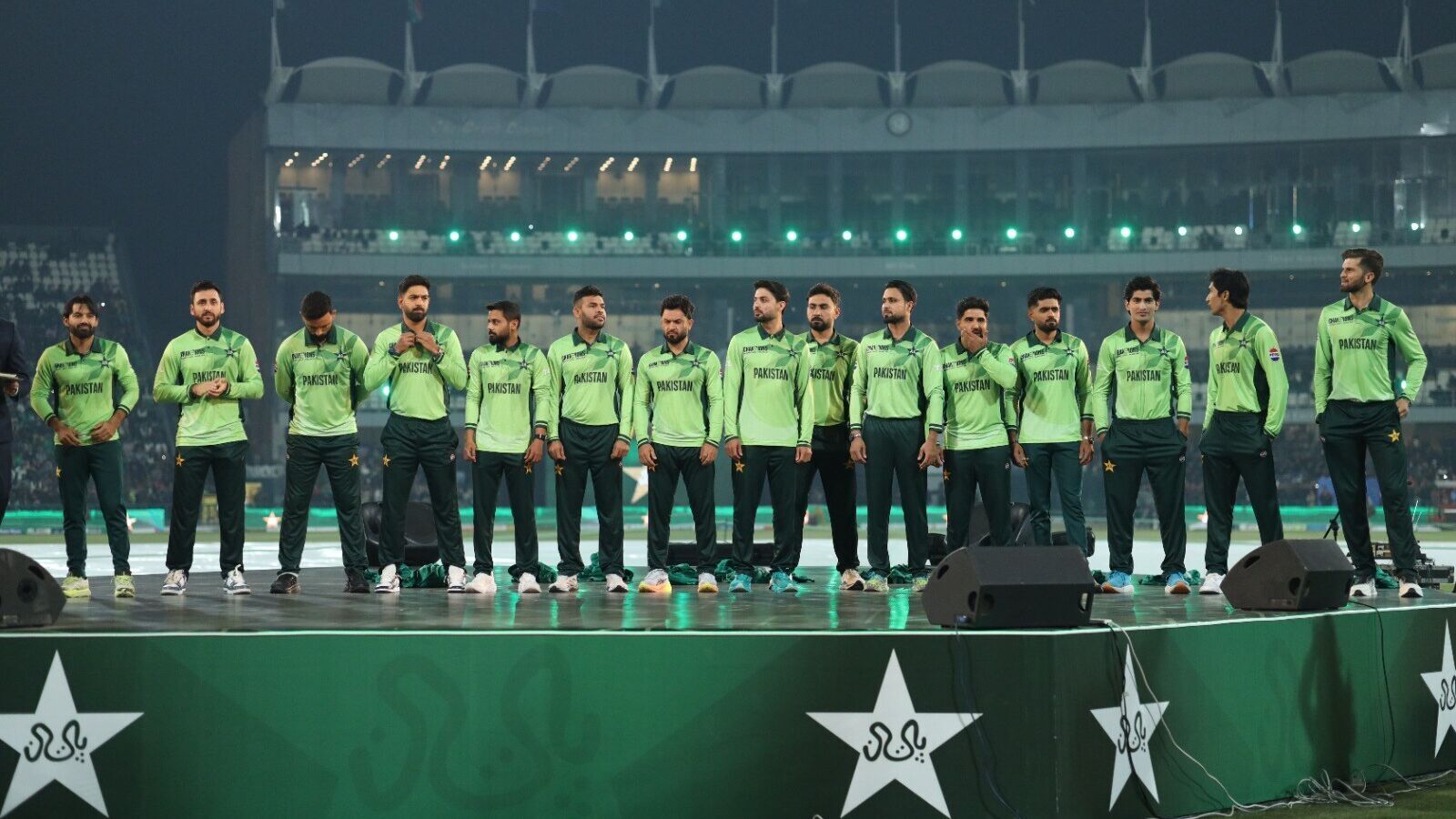 Pakistan’s players unveiling official ICC Champions Trophy 2025 jersey at the  Gaddafi stadium on February.  