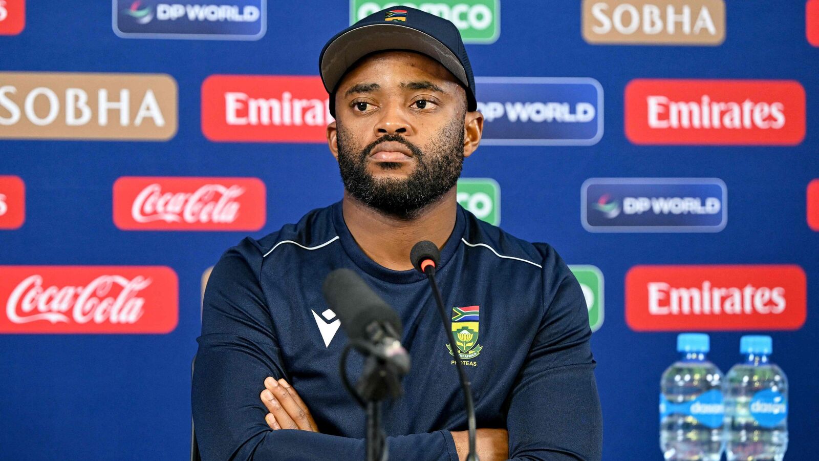 South Africa�s captain Temba Bavuma speaks during a press conference on the eve of their ICC Champions Trophy one-day international (ODI) cricket match against Australia at the Rawalpindi Cricket Stadium in Rawalpindi on February 24, 2025. (Photo by Farooq NAEEM / AFP)