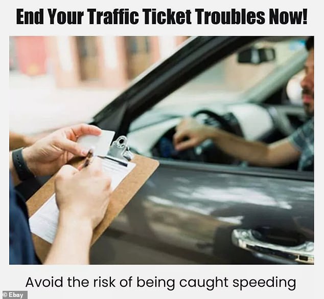 A photo promoting another spray with apparent 'high-tech flashing shielding' urges motorists to 'end your traffic ticket troubles now' and 'avoid the risk of being caught speeding'