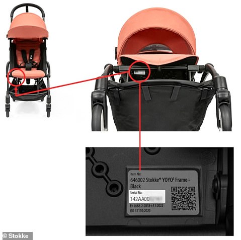 Owners of the faulty pram were advised by the government to 'review the serial number marked on the underside of the pram'. The faulty figure is 142AA followed by numbers below 0062239. Prams without 'AA' in their serial number are not affected by the brake issue