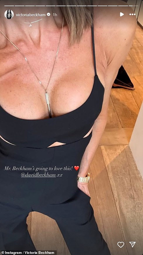 The former Spice Girl, 50, coyly insisted: 'Mr. Beckham's going to love this' as she tried on the new racy number and gave her followers a glimpse on Instagram