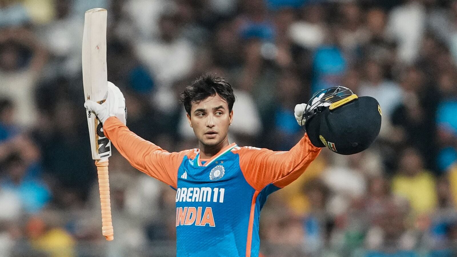 Abhishek Sharma celebrates his century against England in fifth T20I at the Wankhede Stadium, in Mumbai.