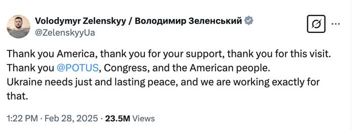 Volodymyr Zelenskyy tweets gratitude to America, POTUS, Congress, and the American people, emphasizing Ukraine's need for peace