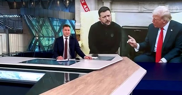 Gloating Russians have dubbed the incident a 'public political execution' and a 'verbal brawl' where 'Zelensky was shown the door' - as they delight while the West falls into chaos