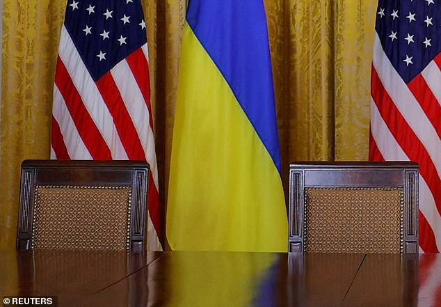 They abandoned plans to sign a minerals deal which would have given further US support in exchange for access to Ukraine's natural resources. Pictured: Chairs stand empty at the site of the planned agreement signing