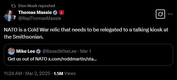 Musk also reposted a tweet by Republican congressman Thomas Massie, the representative for Kentucky's forth congressional district since 2012, which called NATO 'a Cold War relic that needs to be relegated to a talking kiosk at the Smithsonian'