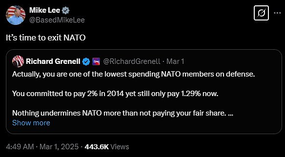 In a recent post on X, Utah senator Mike Lee said 'It's time to exit NATO' in response to another post about NATO members 'not paying your fair share'