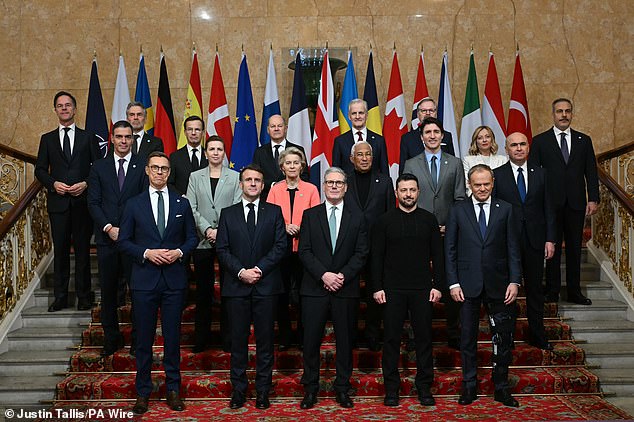 Front row, left to right: Finland¿s President Alexander Stubb, France¿s President Emmanuel Macron, Keir Starmer, Ukraine¿s President Volodymyr Zelenskyy and Poland¿s PM Donald Tusk. Centre row from left: Spain¿s PM Pedro Sánchez, Denmark¿s PM Mette Frederiksen, EU Commission President Ursula von der Leyen, EU Council President Antonio Costa, Canada¿s PM Justin Trudeau and Romania¿s interim President Ilie Bolojan. Back row from left: Nato Secretary General Mark Rutte, Netherlands PM Dick Schoof, Sweden¿s PM Ulf Kristersson. Germany¿s Chancellor Olaf Scholz, Norway¿s PM Jonas Gahr Store, Czech Republic¿s PM Petr Fiala, Italy¿s PM Giorgia Meloni and Turkey¿s foreign Minister Hakan Fidan.