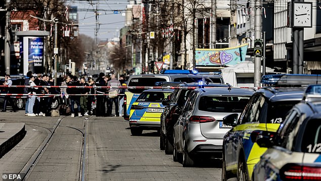 A general view shows the scene after a SUV vehicle was driven into pedestrians in Mannheim, Germany, 03 March 2025