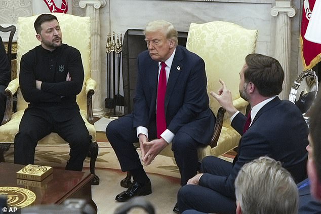 Vice President JD Vance, right, speaks with Ukrainian President Volodymyr Zelensky