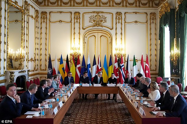 Britain's Prime Minister Keir Starmer (C), French President Emmanuel Macron (C-L) and Ukraine's President Volodymyr Zelensky (C-R) attend a meeting with European leaders during a summit on Ukraine at Lancaster House in London, Britain, 02 March 2025