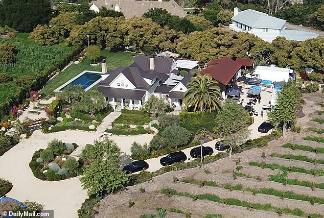 Production trucks and tents lined the driveway of a $8million property set in eight acres of avocado and lemon groves in a gated community in Montecito for filming of 'interior and exterior dialogue scenes'