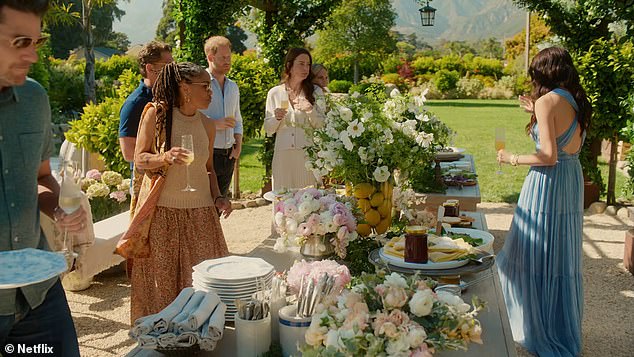 Meghan's mother Doria Ragland (front left) and Harry are among the guests at the party